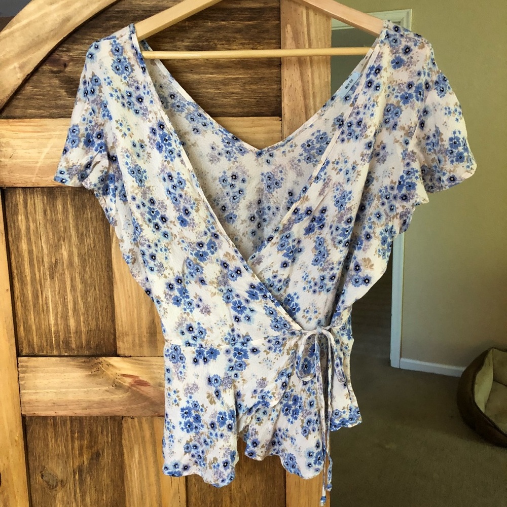 Kimchi Blue White Floral Wrap Blouse with Blue Flowers